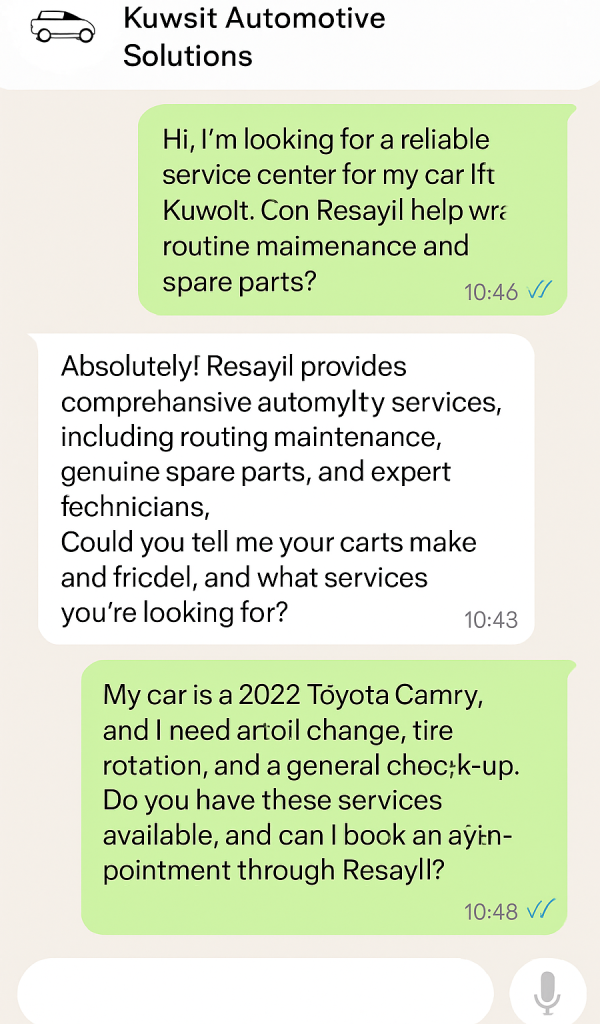 أتمتة الذكاء الاصطناعي لواتساب مع خدمات تصليح السيارات في الكويت