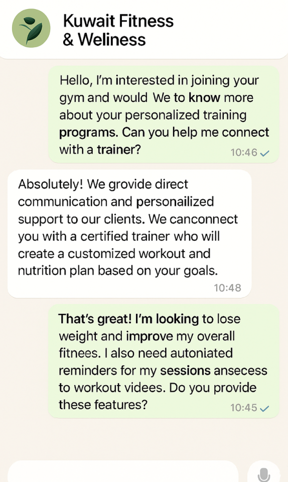 أتمتة الذكاء الاصطناعي لواتساب مع خدمات اللياقة والصحة والرياضة في الكويت