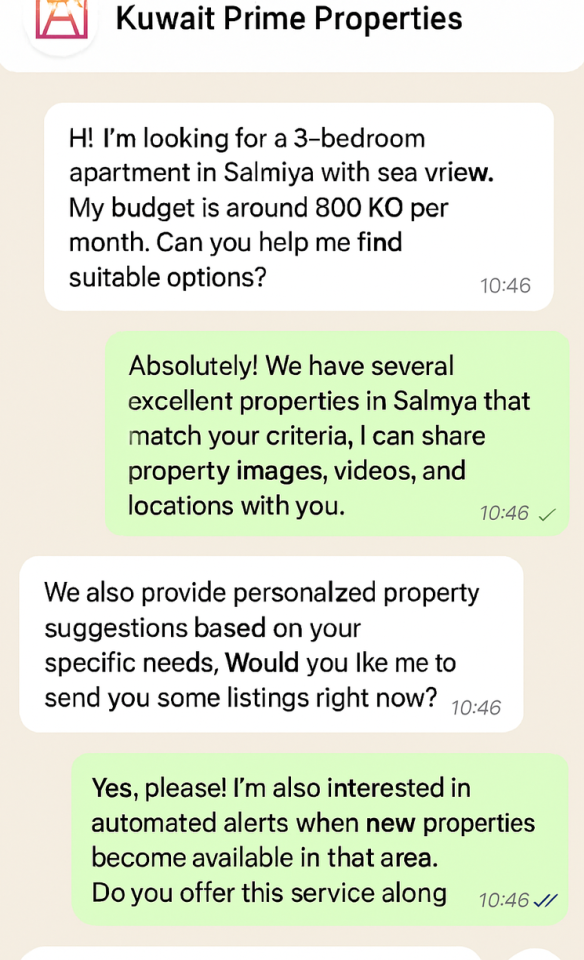 أتمتة الذكاء الاصطناعي لواتساب مع مشاريع العقارية في الكويت