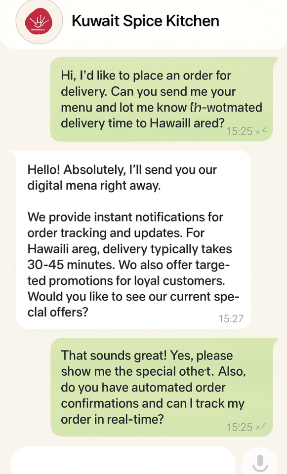أتمتة الذكاء الاصطناعي لواتساب مع المطاعم في الكويت